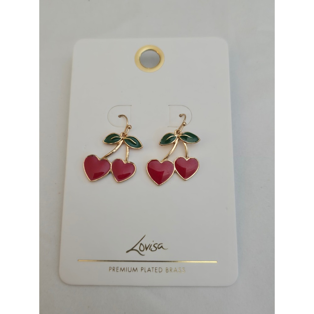 Red Heart Cherry Drop Earrings Gold Tone Brass Fruit Enamel Dangle
